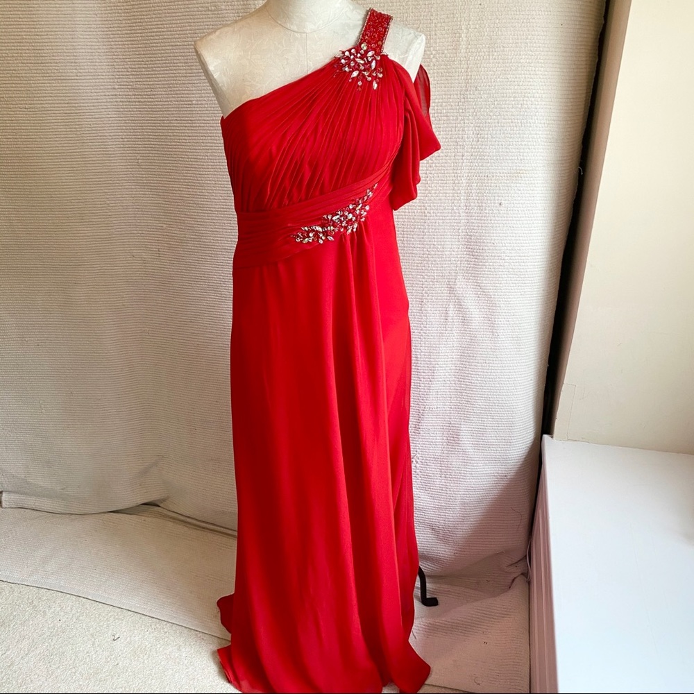 M Chiffon One Shoulder Long Formal Prom Dress Red - Picture 6 of 8